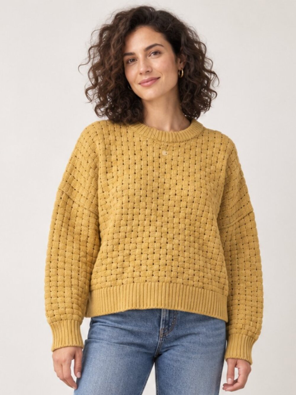 Madewell Basketweave Stitch Sweater Medium Autumn Gold Mustard Drop Shoulder